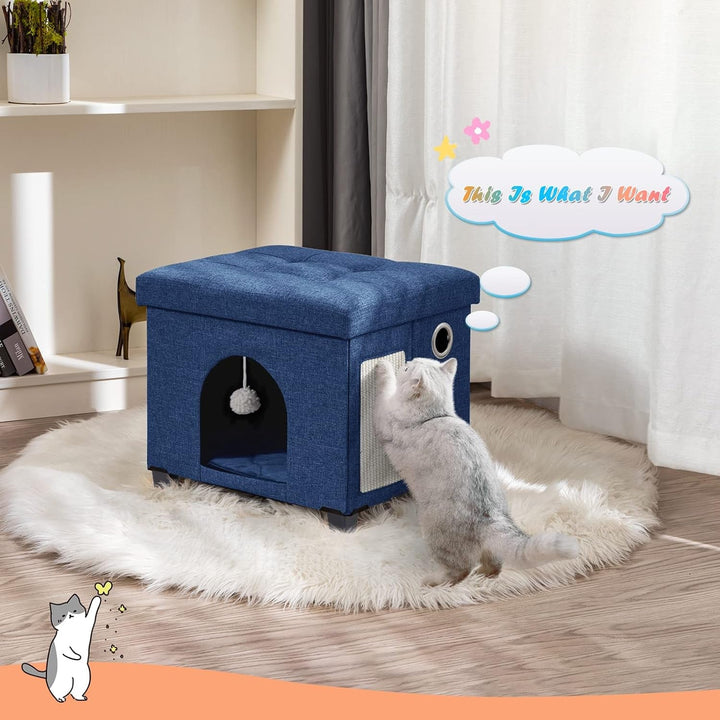 BRIAN & DANY Peșteră pliabilă pentru pisici mari, Casă pentru pisici cu zgârietură și minge de joacă, Taburet tip piept cu picioare din lemn 37 x 31,8 x 36 cm, Albastru