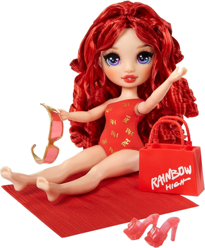 Rainbow High Swim & Style - Ruby (roșu) - păpușă înaltă de 28 cm cu pareo strălucitor, poate fi purtată în 10+ moduri - costum de baie extensibil, sandale, accesorii de joacă - jucărie - ideală pentru 4 până la 12 ani Papusi Naty Shop