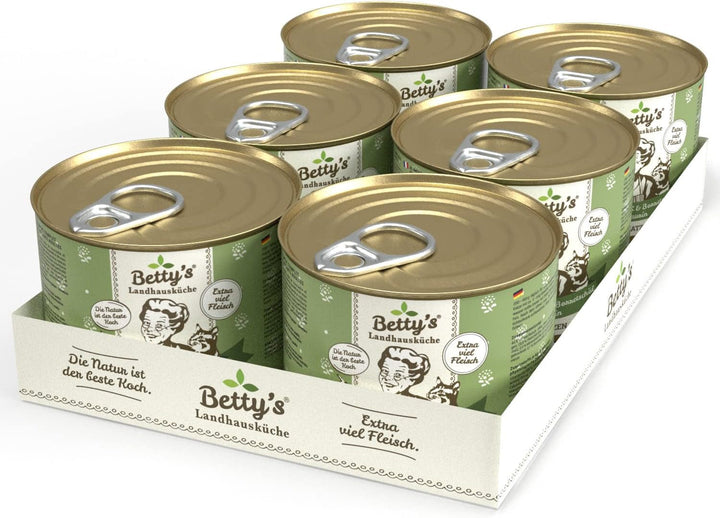 Betty'S Landhausküche cutie de hrană umedă pentru pisici, Fără cereale, Cea mai bună calitate, Carne de înaltă calitate, Gently cooked, Potrivit pentru toate rasele de pisici, Pui și fazan cu ulei de borangic 6 X 200 G