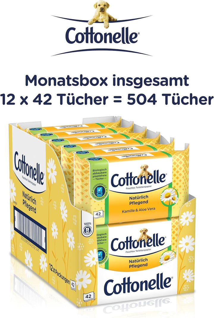 Șervețele umede, Îngrijire naturală - Mușețel și Aloe Vera, Biodegradabilă, Fără plastic, Reclosabilă, Pachet avantajos, 12 X 42 șervețele umede