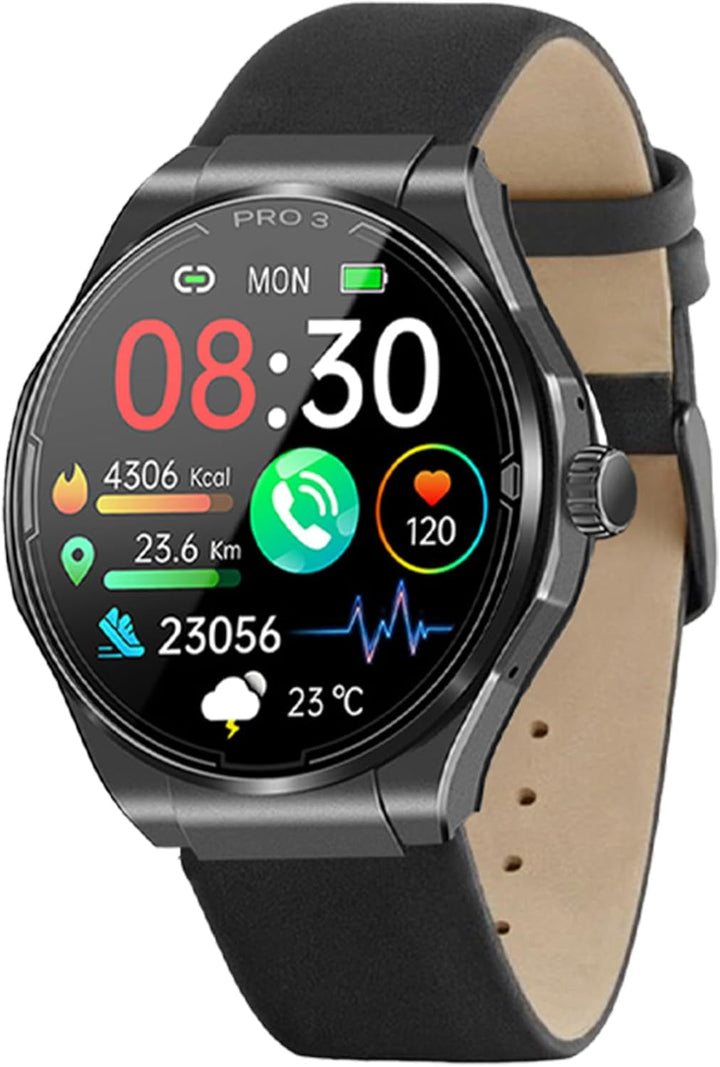 PRO 3 (2024) Negru - Ceas de sănătate Ceas inteligent cu funcție de telefonie - ECG + HRV și funcție SOS - Afișaj AMOLED- BT Bluetooth - Apnee de somn - Curea din silicon Negru, 14-24, rotund