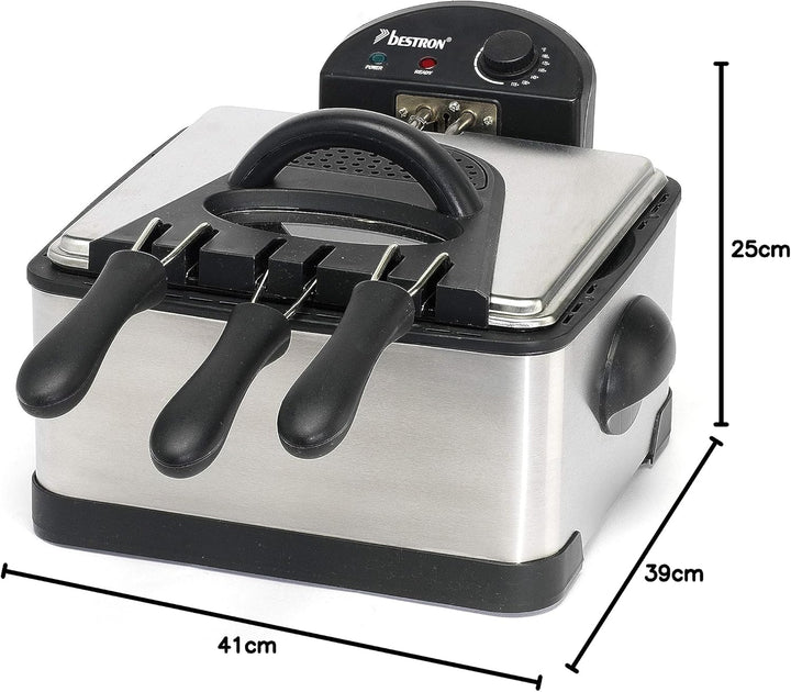 Bestron XL Öl-Fritteuse Mit 3 Frittierkörben, Inkl. Kaltzonentechnologie & Herausnehmbaren Ölbehälter, 4 Liter, Spülmaschinengeeignet, 2000 W, Edelstahl, Farbe: Silber