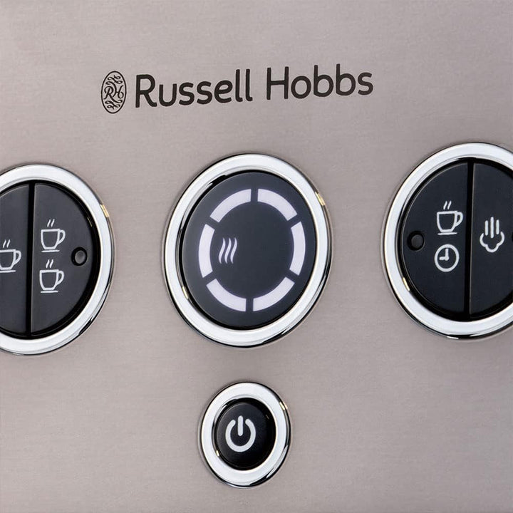 Espressor Russell Hobbs [Portafiltru] Distinction Oțel Inoxidabil Titan (15 bar, inserție pentru 1 și 2 căni, tampoane ESE, dozare automată și opțiune manuală, duză de abur pentru apă fierbinte și spumă de lapte) 26452-56