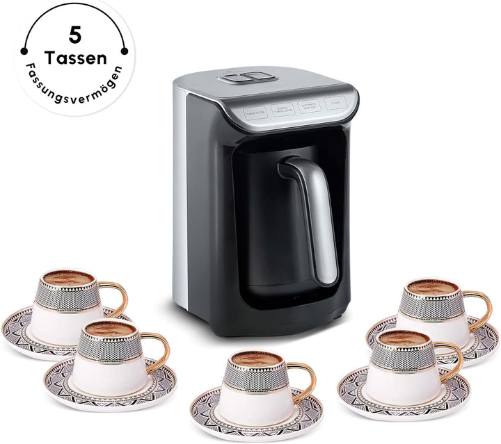 Espressor turcesc KARACA Hatır Koz cu funcție de prăjire, antracit, capacitate 5 căni, Türk Kahve Makinesi, 535W, reglare automată a căldurii și duză de scurgere cu două fețe