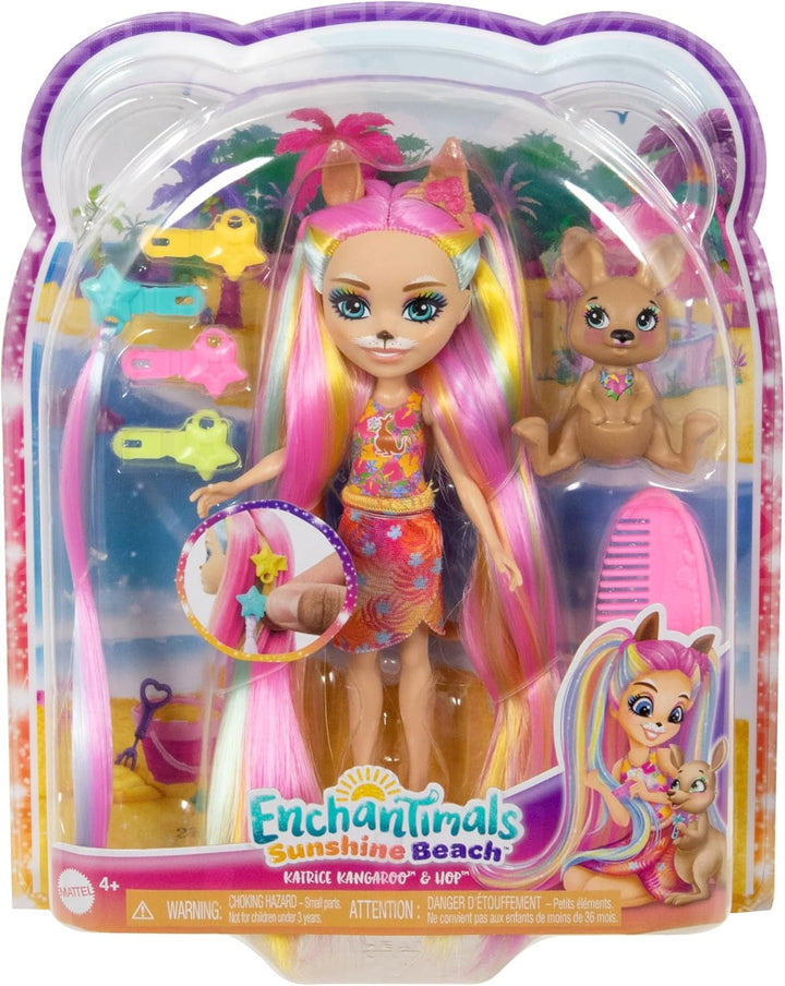 Păpuși Enchantimals, păpușă cu păr Sunshine Beach Deluxe și prieten animal, păpușă mică cu fustă detașabilă și accesorii, cadouri pentru copii, HTJ70