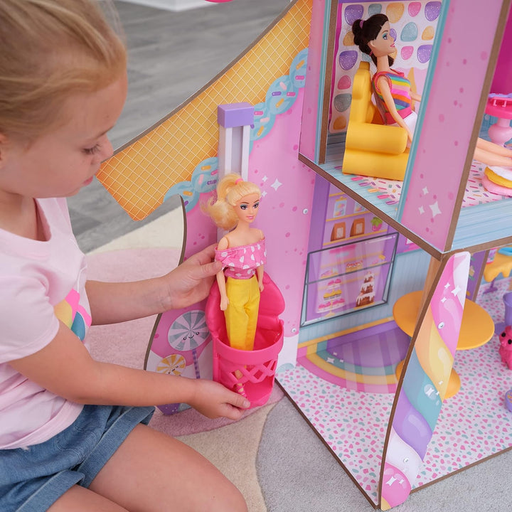 Casă de păpuși din lemn Kidkraft Candy Castle cu mobilier și accesorii, casă cu figurină Llama Unicorn, lift pentru tort de înghețată și scaun de cauciuc pentru păpuși, jucărie pentru copii de la 3 ani, 20242