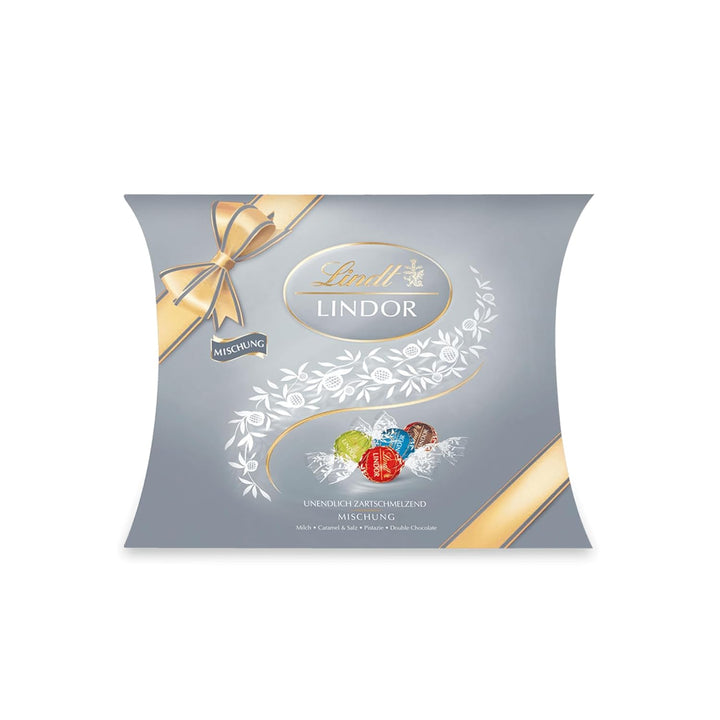 Lindt Schokolade LINDOR Mischung Silber | Ca. 26 Kugeln Mit Zartschmelzender Füllung in Den Sorten Milch, Caramel & Salz, Pistazie, Double Chocolate | Pralinen Geschenk | Schokoladengeschenk, 325G