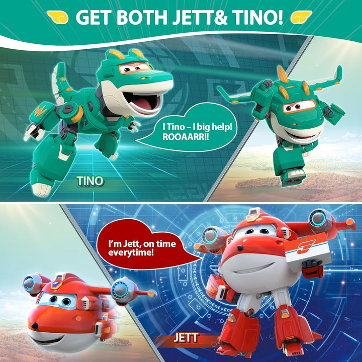 Super Wings 5" Transforming Characters 2-Pack Transforming Supercharged Jett + Tino, jucărie Transformer pentru băieți și fete de peste 3 ani, roșu