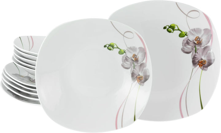 Creatable, 22536, Serie Square Orchidee, 62-Teiliges Geschirrset Für 6 Personen, Kombiservice Aus Porzellan, Spülmaschinen- Und Mikrowellengeeignet, Qualitätsproduktion