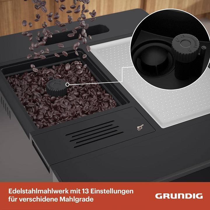 Espressor GRUNDIG KVA 6230 complet automat cu spumator de lapte, râșniță din oțel inoxidabil cu 13 niveluri de măcinare, recipient boabe de 250 g, rezervor de apă detașabil de 2 litri, presiune pompă 19 bar, ecran tactil, negru