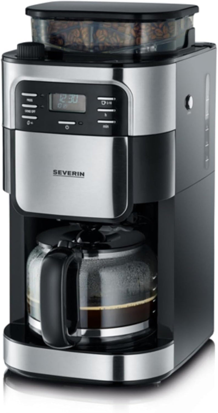 Espressor SEVERIN cu râșniță, espressor cu carafă de sticlă și funcție de cronometru, disponibil și ca espressor la filtru, pentru până la 10 cești de cafea, 1000 wați, negru/oțel inoxidabil, KA 4813