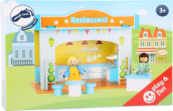 Small Foot 10852 Playhouse Restaurant Fabricat din lemn, Cu 2 figurine pentru păpuși, accesorii și acoperiș detașabil, De la 3 ani