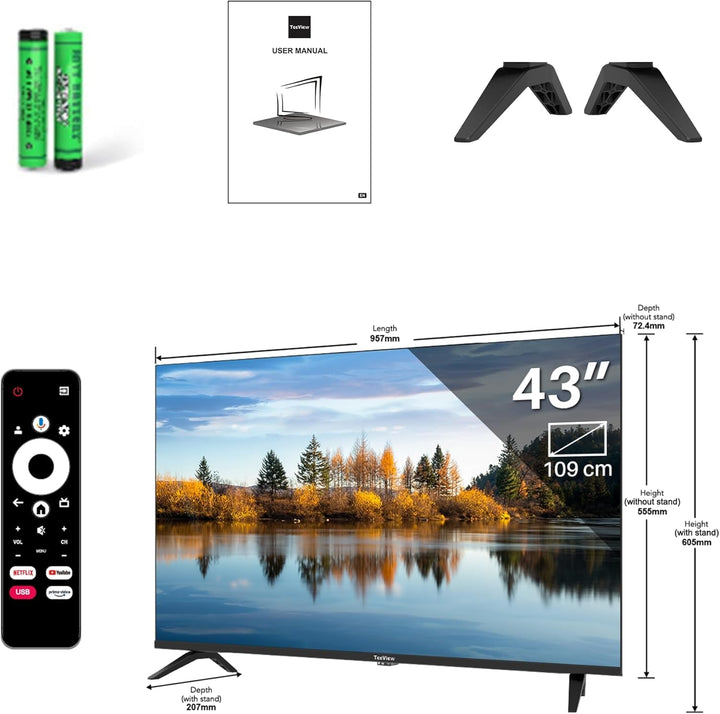 TEEVIEW TV43QUG-EU 43" Google Smart 4K UHD TV, WLAN, Bluetooth, 3X HDMI, Triple Tuner, Sprachsteuerung, Integrierte Streaming-Apps