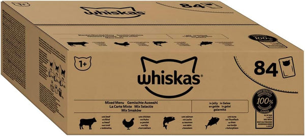 Whiskas Adult 1+ Hrană umedă pentru pisici Selecție mixtă în jeleu, 84 pliculețe, 84X85G (1 pachet vrac) - Hrană umedă de înaltă calitate, Pentru pisici adulte