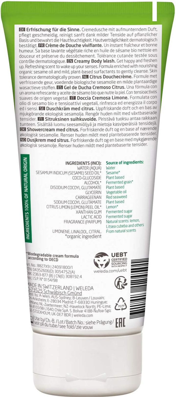 WELEDA Organic Refresh Shower Gel Vegan, gel de duș unisex, aromă de lămâie / portocală, 200 ml