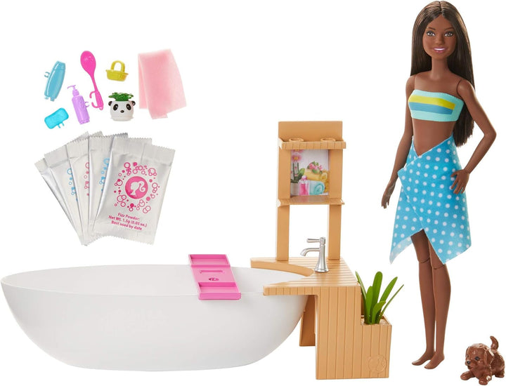 Barbie Self-Care Series, Confetti Bath, păpușă Barbie cu păr blond, costum de baie, cățeluș, 2 pachete de săpun Confetti, accesorii Barbie, 1X păpușă Barbie inclusă, potrivită ca un cadou, Hkt92