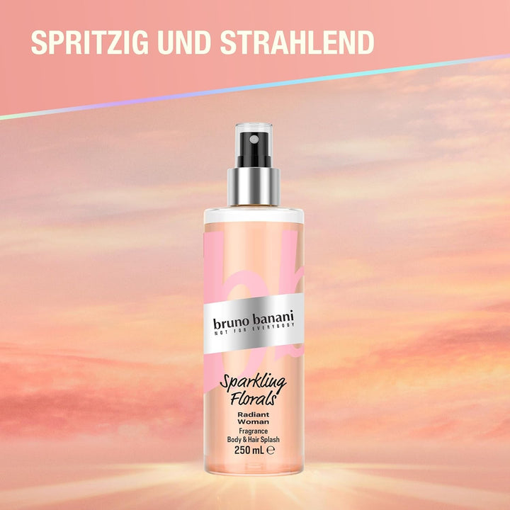 Bruno Banani Radiant Woman Body & Hair Splash, parfum radiant cu note fructate strălucitoare și o notă de chihlimbar, 250 ml