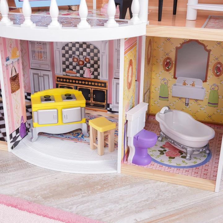 Casa de păpuși Kidkraft Magnolia Mansion din lemn cu mobilier și accesorii, set de joacă cu balcon și lift pentru păpuși de 30 cm, jucărie pentru copii de la 3 ani, 65907