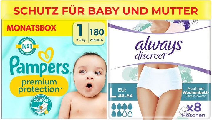 Pampers Baby Windeln Größe 1 (2-5Kg) Premium Protection, 180 Stück, Newborn, Monatsbox Und Always Discreet Inkontinenz Und Wochenbett Pants Gr. L (8 Höschen) Für Damen, 0% Farb- Und Duftstoffe