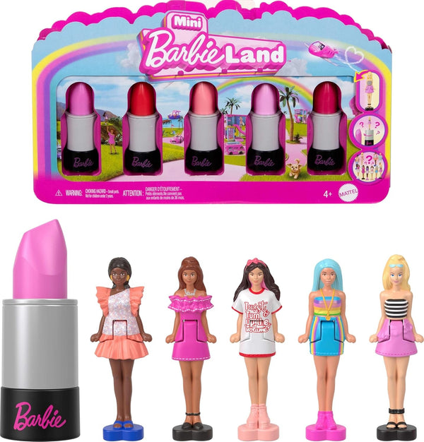 Barbie Mini Barbieland Set de 5 păpuși Fashionistas, Aprox. 3.8cm înălțime Mini păpuși în mâneci de ruj, set de colecție cu surprize (stilurile pot varia), JBD26