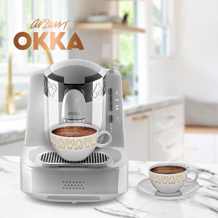 Espressor turcesc Arzum Okka, compact, senzor de protecție la preaplin, ușor de curățat, performanță eficientă din punct de vedere energetic, perfect pentru iubitorii de cafea tradițională, 2 espressoare.