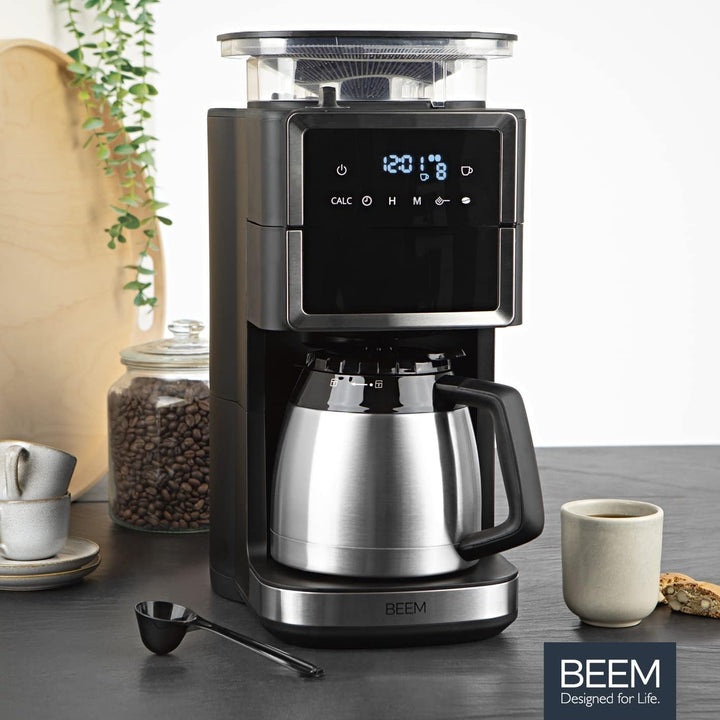 Espressor cu filtru BEEM FRESH-AROMA-PERFECT III cu râșniță - Thermo | Oțel inoxidabil | Cu vas izolat și funcție Aroma Plus | Filtru permanent și temporizator de 24 de ore | 1000 W | Până la 10 cești