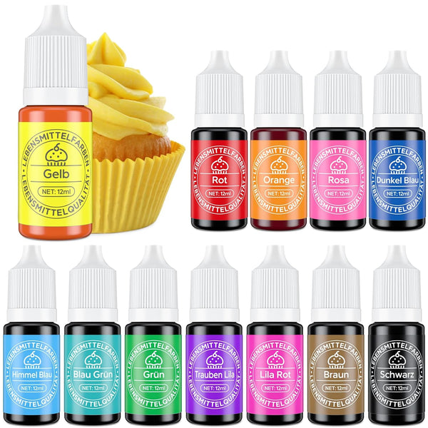 Lebensmittelfarbe 12 Farben X 12Ml - Lebensmittelfarbe Flüssig Zum Backen Von Kuchen, Decor, Lebensmittelqualität Für Fondant Macaron Zuckerguss DIY Seifen Schleimherstellung