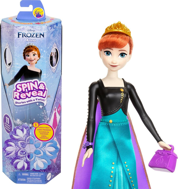 Mattel Disney The Ice Queen Anna Fashion Doll Set, Spin & Reveal cu 11 surprize, inclusiv 5 accesorii, 5 autocolante și o scenă pentru joacă, inspirat de filmul Disney, HXD27