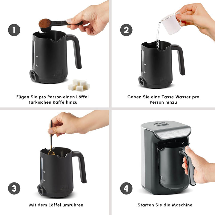 Espressor turcesc KARACA Hatır Koz cu funcție de prăjire, antracit, capacitate 5 căni, Türk Kahve Makinesi, 535W, reglare automată a căldurii și duză de scurgere cu două fețe