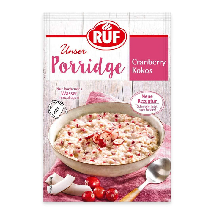 RUF Porridge Raspberry White Choc, Porridge instant cu bucăți de zmeură și ciocolată albă rasă, 65 de grame