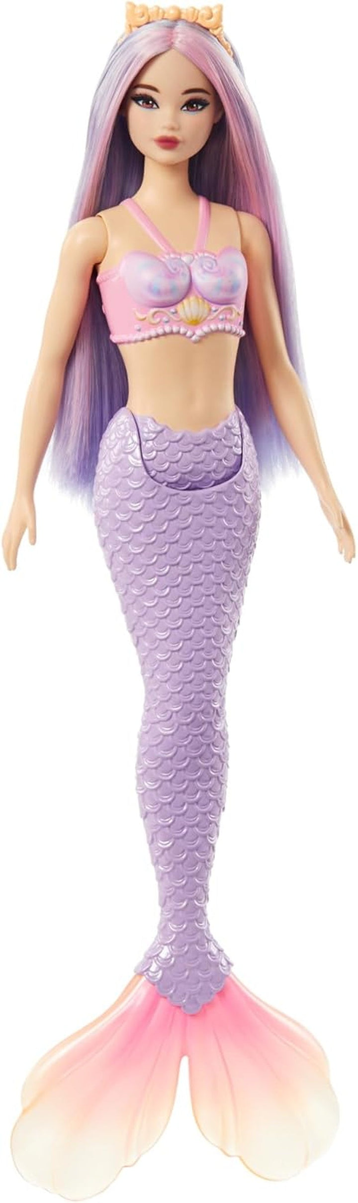 Păpușă sirenă Barbie cu păr fantezie în roz și lila cu bentiță, păpușă cu partea de sus din scoică și aripioară din coadă albastru lavanda, HRR06