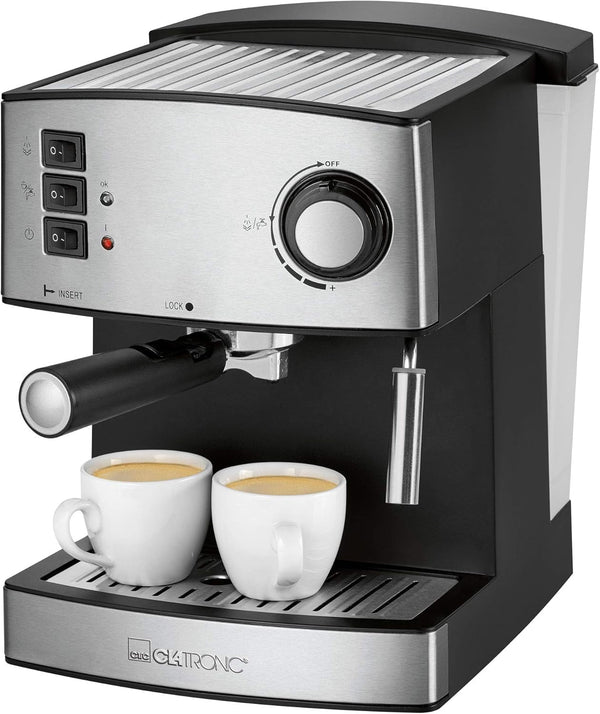 Espressor Clatronic® | Espressor mic de cafea | Presiune pompă 15 bari | Rezervor de apă transparent de 1,6 litri (detașabil) | 2 duze din oțel inoxidabil cu funcții de spumare și apă caldă | 850 wați | ES 3643