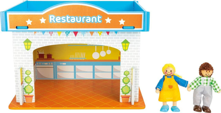 Small Foot 10852 Playhouse Restaurant Fabricat din lemn, Cu 2 figurine pentru păpuși, accesorii și acoperiș detașabil, De la 3 ani