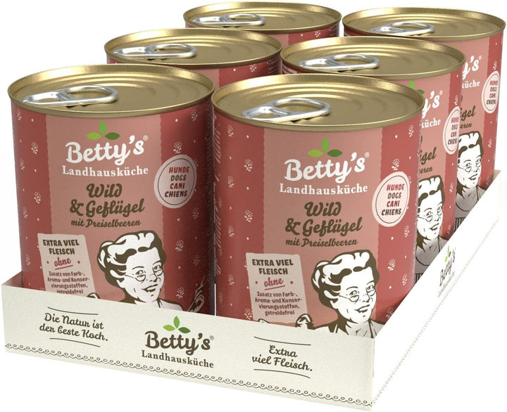 Betty'S Landhausküche cutie de hrană umedă pentru pisici, Fără cereale, Cea mai bună calitate, Carne de înaltă calitate, Gently cooked, Potrivit pentru toate rasele de pisici, Pui și fazan cu ulei de borangic 6 X 200 G