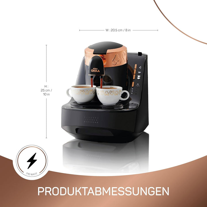 Espressor turcesc Arzum Okka, complet automat, 3 dimensiuni de cești, funcție de autocurățare, rezervor de apă de 950 ml, senzor de supraprotecție, design compact, negru-auriu