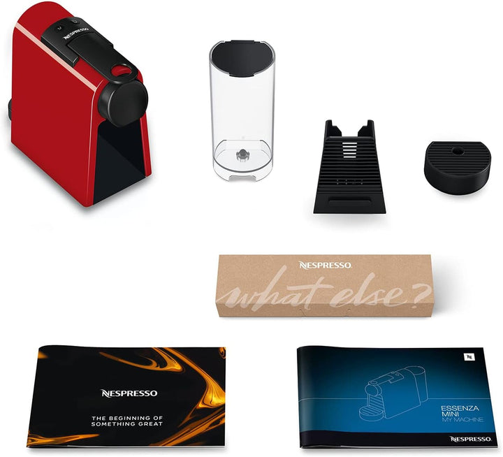 Espressor cu capsule Nespresso De'Longhi Essenza Mini EN 85.R, set de bun venit cu 7 capsule în diferite arome, presiune a pompei de 19 bari, economie de spațiu, 0,6 l, roșu