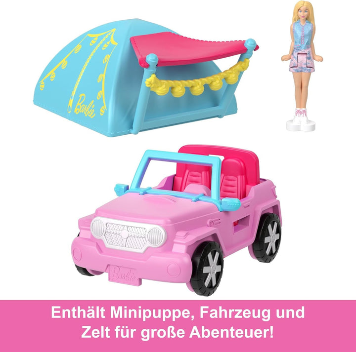 Barbie Mini Barbieland set de păpuși și vehicule de jucărie, păpușă de 1,5 inci și vehicul de jucărie iconic cu surpriză care își schimbă culoarea, HYF43