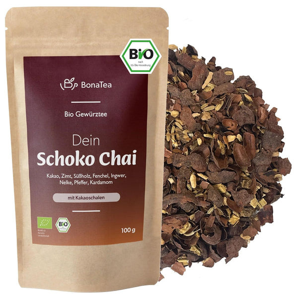 Ceai cu condimente BIO Schoko-Chai fără zahăr, cu coji de cacao, scorțișoară, lemn dulce și alte condimente aromatice Chai, 100 g