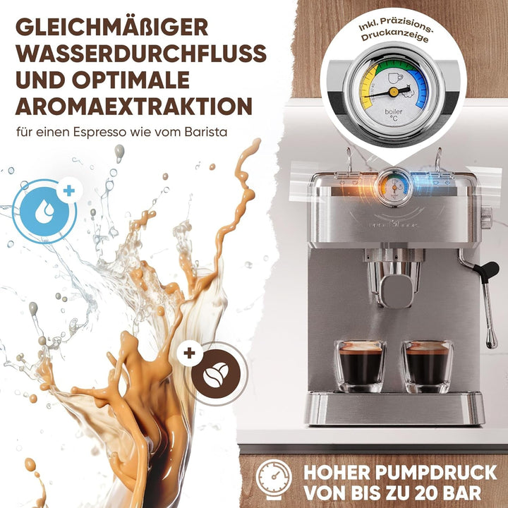 Espressor Proficook | Espressor inclusiv portafiltru | Pompă espresso profesională italiană 20 bar | Pentru cafea măcinată și capsule compatibile Nespresso | Portafiltru pentru espressor | PC ES 1267