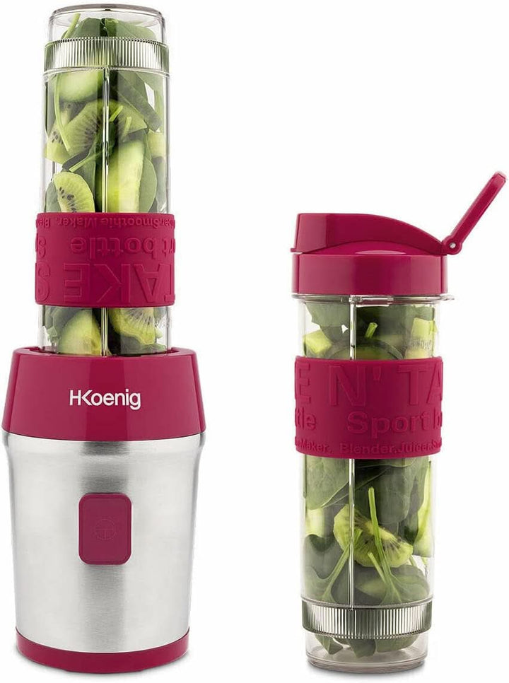 H.Koenig Smoothie Maker SMOO9 - Mini Standmixer - Mini Blender - 300 Watt - 570 Ml - Edelstahl - 2 Kunststofflaschen - Bpa-Frei, Grau