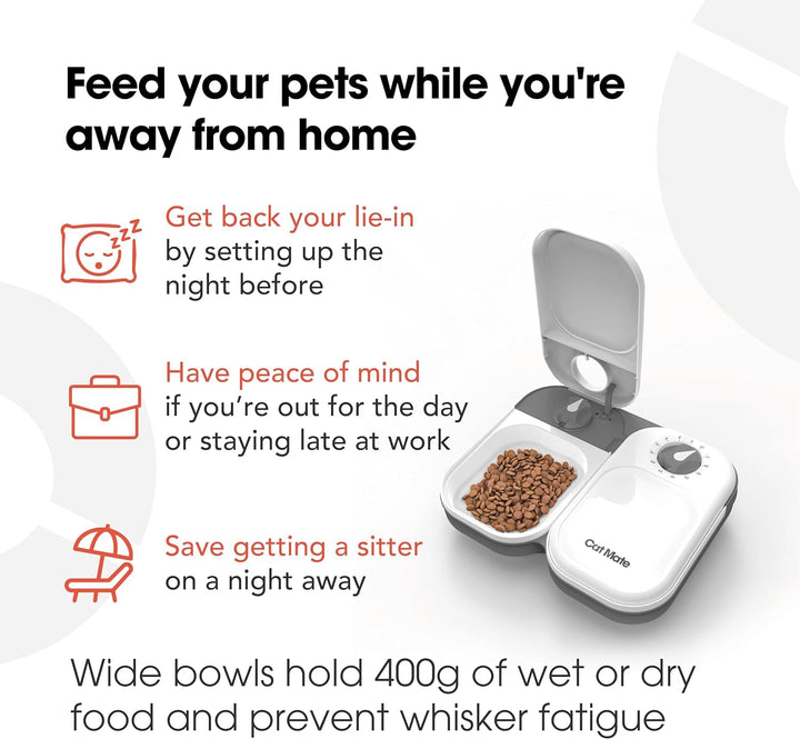 Cat Mate C200 Hrănitoare automată pentru 2 mese cu cronometru (401) - pentru pisici și câini mici, inclusiv baterie de răcire pentru hrană umedă și uscată, mese de până la 400 g fiecare, alb