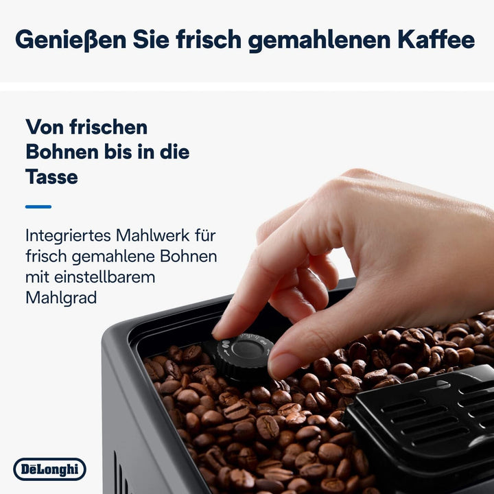 De'Longhi Dinamica plus ECAM 372.95.TB aparat de cafea complet automat cu sistem de lapte Lattecrema, cappuccino și espresso la apăsarea unui buton, ecran tactil color, control prin aplicație, funcție cafetieră, titan/negru