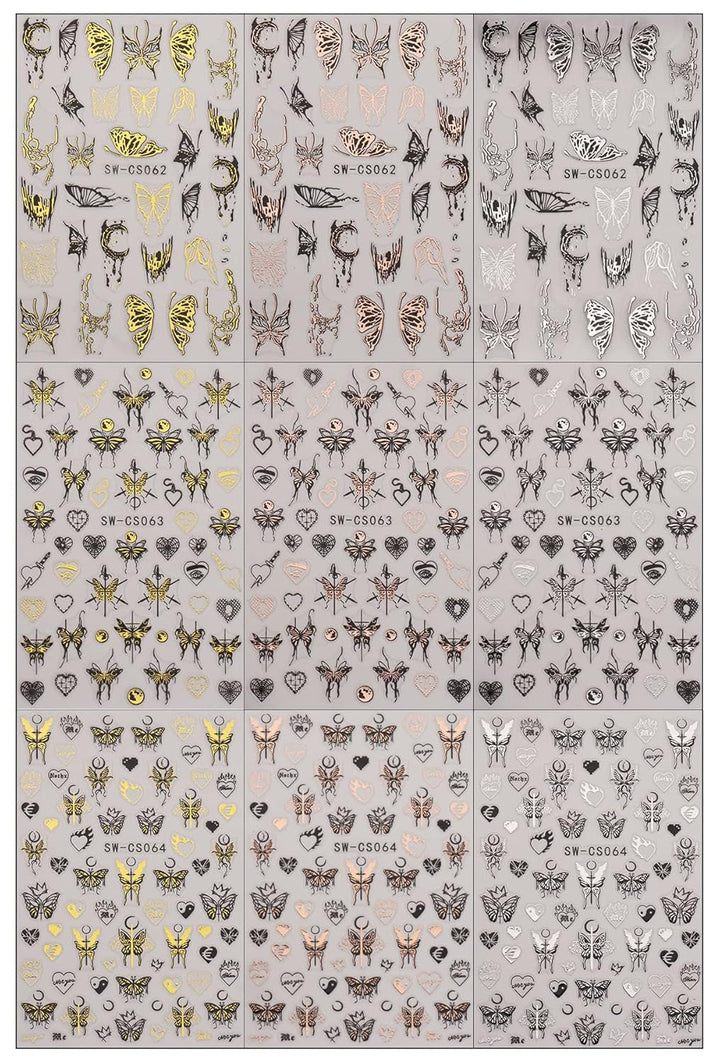 JMEOWIO Nagelsticker Schmetterling 9 Blatt Nail Art Sticker Selbstklebend Nagelaufkleber Mond Dekoration Nageldesign Zubehör