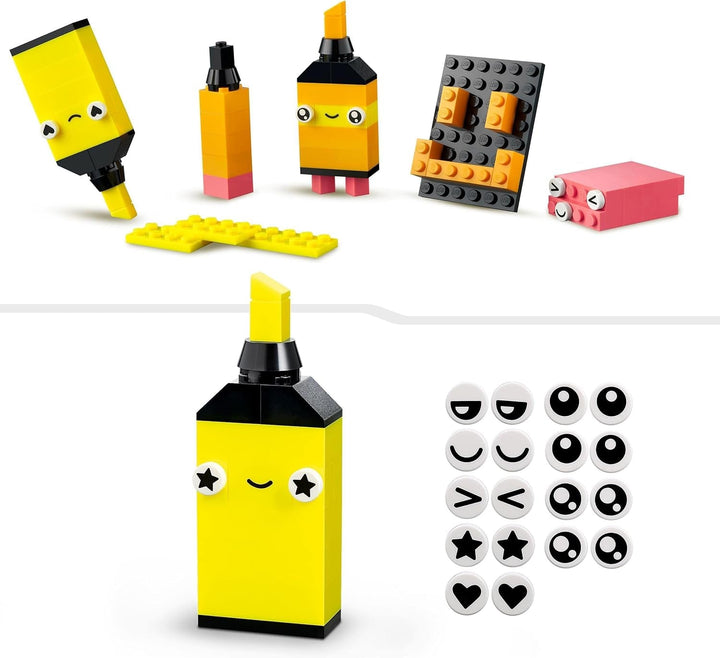 LEGO 11027 Classic Neon Creative Building Set, Brick Box Set, Jucărie de construcție cu modele: mașină, ananas, extraterestru, patine cu rotile, figuri și multe altele, pentru copii de la 5 ani în sus