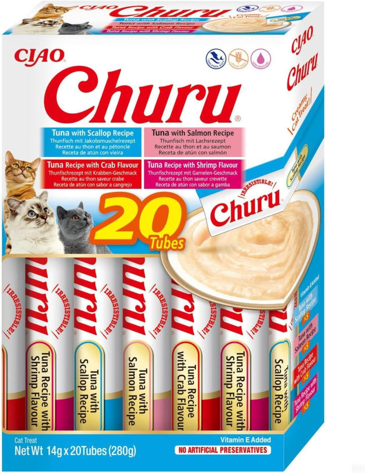 INABA Churu Hairball Control anti Hairball Tratamente premium pentru pisici cu taurină și fibre, pui și ton 20 X 14 G | Fără cereale, fără zahăr, fără subproduse, anti hairball cat
