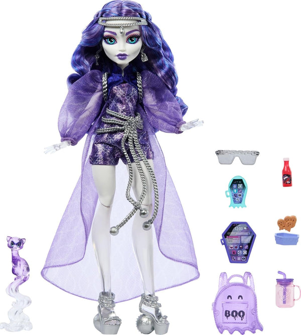 Păpușă Monster High Spectra Vondergeist cu dihorul Rhuen și accesorii precum rucsac, tabletă, gustări și multe altele, HXH77