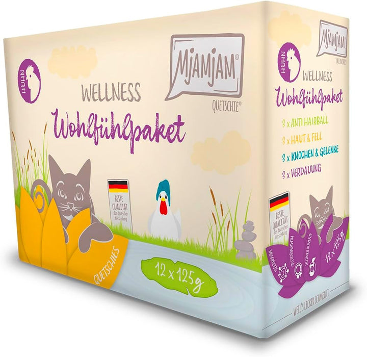 Mjamjam - Hrană umedă premium pentru pisici - Wellness Wellbeing Pack Pui, 12Pack (12 X 125G), fără cereale cu extra carne