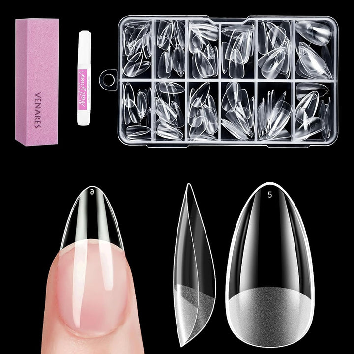 Tipuri de unghii pentru unghii cu gel, set 120 bucăți unghii artificiale scurte, culoare migdale, 11 dimensiuni unghii cu gel, tipuri de unghii cu lipici, bloc de buffer pentru unghii