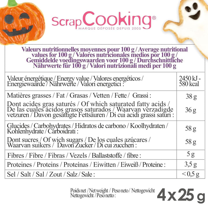 Scrapcooking - Set de 4 stilouri de ciocolată de Halloween - negru, portocaliu, violet și alb, scrieți și desenați pe deserturi, prăjituri și biscuiți