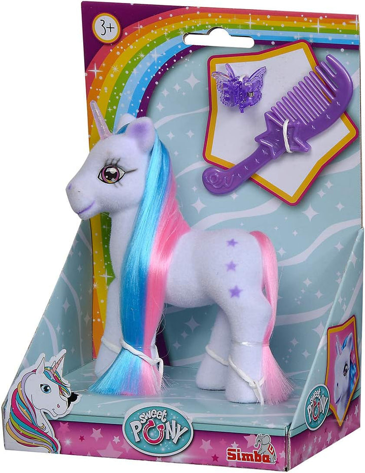 Simba 104342482 - Unicorn Cu Păr Colorat, 14Cm, Flocked, Cu Pieptene Și Cleme De Păr, De La 3 Ani
